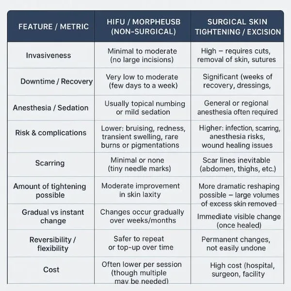 A table showing the benefits of Lipo Sculpt Cumbernauld  treatments to combat loose skin.